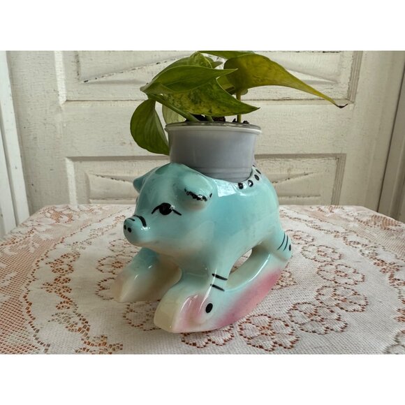 Vintage 50's Rocking Horse Pig Planter Blue Pink - Picture 10 of 11